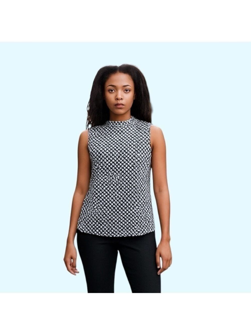 Atmosphere sleeveless blouse top mock neck keyhole closure blue white size 6